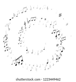 Music notes, treble clef, flat and sharp symbols flying vector illustration. Notation melody record silhouettes. Bass guitar play background. Black on white melody sound notation.