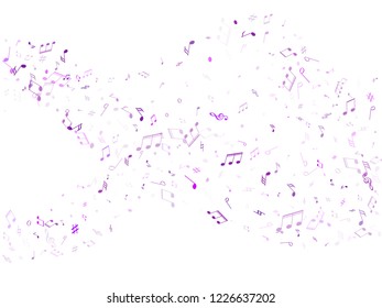 Music notes, treble clef, flat and sharp symbols flying vector design. Notation melody record classic pictograms. Modern music studio background. Violet sound recording notes.