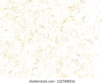 Music notes, treble clef, flat and sharp symbols flying vector illustration. Notation melody record classic clip art. Guitar instrument tune background. Gold metallic musical note.