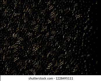 Music notes, treble clef, flat and sharp symbols flying vector illustration. Notation melody record elements. Jazz music studio background. Gold metallic melody sound notes.