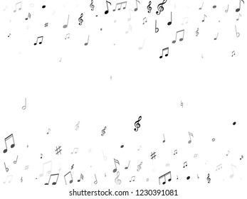 Music notes, treble clef, flat and sharp symbols flying vector design. Notation melody record classic pictograms. Audio album background. Gray scale melody sound notation.