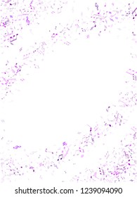 Music notes, treble clef, flat and sharp symbols flying vector background. Notation melody record concept. Tune radio wave background. Ultra violet melody sound notation.