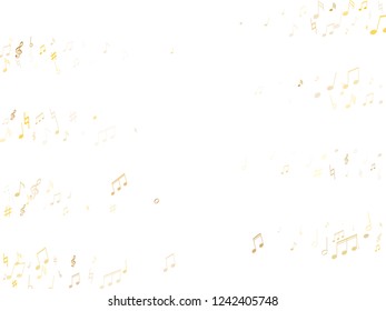 Music notes, treble clef, flat and sharp symbols flying vector design. Notation melody record icons. Guitar instrument tune background. Gold melody sound notes.
