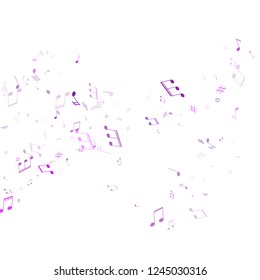 Music notes, treble clef, flat and sharp symbols flying vector background. Notation melody record signs. Musician album background. Purple violet melody sound notes signs.