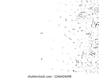 Music notes, treble clef, flat and sharp symbols flying vector background. Notation melody record icons. Song festival background. Black melody sound notes signs.
