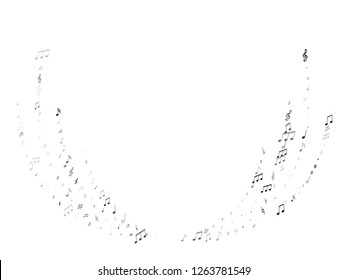 Music notes, treble clef, flat and sharp symbols flying vector background. Notation melody record classic concept. Bass guitar play background. Black melody sound notes.