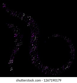 Music notes, treble clef, flat and sharp symbols flying vector background. Notation melody record pictograms. Pop music studio background. Purple violet musical note.