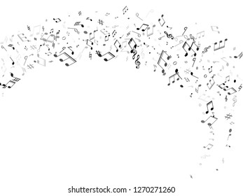 Music notes, treble clef, flat and sharp symbols flying vector design. Notation melody record pictograms. Abstract music studio background. Monochrome melody sound notes icons.