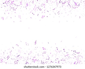 Music notes, treble clef, flat and sharp symbols flying vector design. Notation melody record pictograms. Popular music studio background. Blue violet melody sound notes signs.