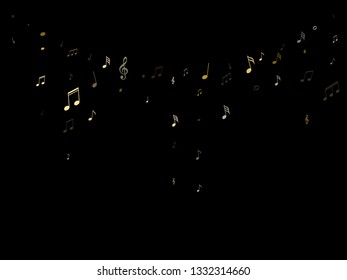 Music notes, treble clef, flat and sharp symbols flying vector design. Notation melody record pictograms. Disco music studio background. Gold musical note.