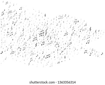 Music notes, treble clef, flat and sharp symbols flying vector illustration. Notation melody record classic clip art. Party banner background. Grayscale melody sound notes.