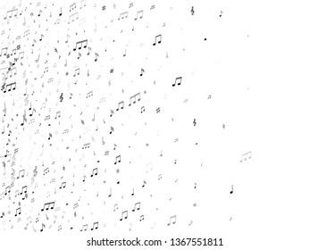 Music notes, treble clef, flat and sharp symbols flying vector background. Notation melody record elements. Guitar instrument tune background. Black musical note.