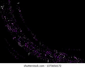 Music notes, treble clef, flat and sharp symbols flying vector design. Notation melody record concept. Concert poster background. Ultra violet musical notation.