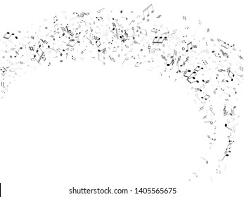 Music notes, treble clef, flat and sharp symbols flying vector background. Notation melody record silhouettes. Funky music studio background. Greyscale musical notation.