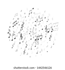 Music notes, treble clef, flat and sharp symbols flying vector design. Notation melody record silhouettes. Modern music studio background. Black musical notation.