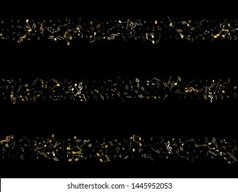 Music notes, treble clef, flat and sharp symbols flying vector background. Notation melody record classic signs. Party banner background. Gold metallic musical note.