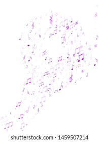 Music notes, treble clef, flat and sharp symbols flying vector background. Notation melody record icons. Song festival background. Ultra violet melody sound notes.