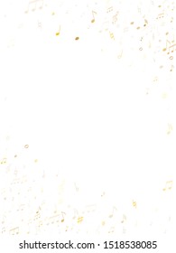 Music notes, treble clef, flat and sharp symbols flying vector background. Notation melody record pictograms. Guitar instrument tune background. Gold metallic musical note.
