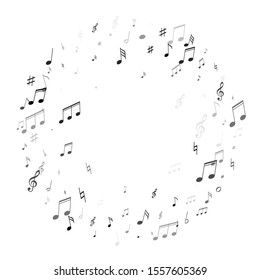 Music notes, treble clef, flat and sharp symbols flying vector design. Notation melody record elements. Pop music studio background. Grayscale musical notation.