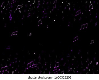 Music notes, treble clef, flat and sharp symbols flying vector illustration. Notation melody record classic clip art. Rock music studio background. Purple violet melody sound notes signs.