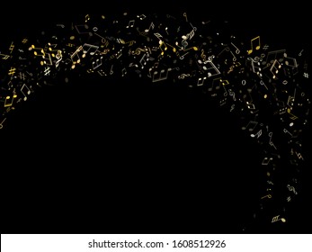 Music notes, treble clef, flat and sharp symbols flying vector illustration. Notation melody record classic signs. DJ instrument tune background. Gold melody sound notes icons.