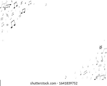 Music notes, treble clef, flat and sharp symbols flying vector illustration. Notation melody record classic signs. Tune symphony background. Black melody sound notation.