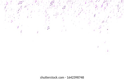 Music notes, treble clef, flat and sharp symbols flying vector design. Notation melody record classic icons. Futuristic music studio background. Purple violet melody sound notation.
