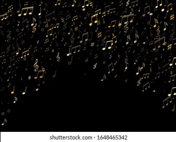 Music notes, treble clef, flat and sharp symbols flying vector background. Notation melody record signs. Song festival backdrop. Gold metallic musical notation.