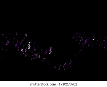 Music notes, treble clef, flat and sharp symbols flying vector illustration. Notation melody record classic pictograms. Disco music studio background. Ultra violet melody sound notes signs.