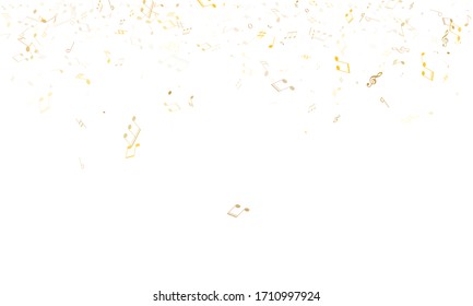 Music notes, treble clef, flat and sharp symbols flying vector design. Notation melody record icons. Song festival background. Gold metallic melody sound notation.