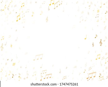 Music notes, treble clef, flat and sharp symbols flying vector background. Notation melody record icons. Concert poster background. Gold metallic melody sound notes signs.