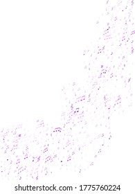 Music notes, treble clef, flat and sharp symbols flying vector illustration. Notation melody record classic clip art. Futuristic music studio background. Purple violet melody sound notes icons.