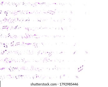 Music notes, treble clef, flat and sharp symbols flying vector background. Notation melody record classic signs. Funky music studio background. Violet melody sound notes signs.