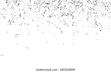Music notes, treble clef, flat and sharp symbols flying vector illustration. Notation melody record classic pictograms. Disco music studio background. Greyscale melody sound notes signs.