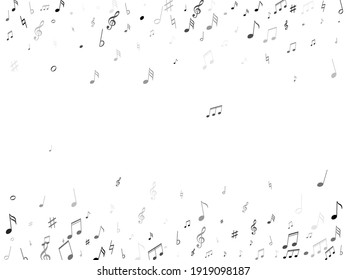 Music notes, treble clef, flat and sharp symbols flying vector illustration. Notation melody record classic pictograms. Funky music studio background. Grayscale melody sound notes icons.