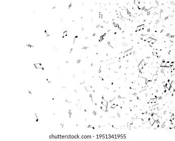 Music notes, treble clef, flat and sharp symbols flying vector illustration. Notation melody record classic icons. Tune composition background. Grey scale melody sound notes icons.