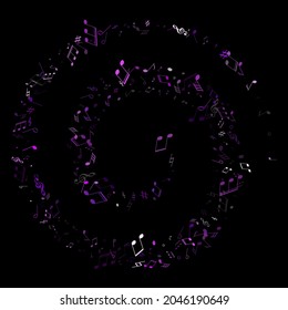 Music notes, treble clef, flat and sharp symbols flying vector illustration. Notation melody record concept. Song festival backdrop. Violet melody sound notes.