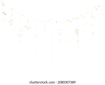 Music notes, treble clef, flat and sharp symbols flying vector background. Notation melody record classic icons. Song festival backdrop. Gold sound recording notes.
