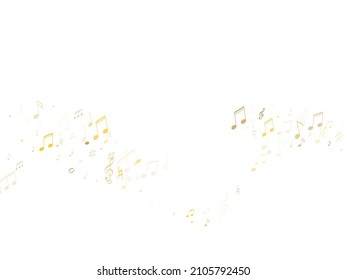 Music notes, treble clef, flat and sharp symbols flying vector illustration. Notation melody record classic elements. Musician album background. Gold metallic melody sound notes.