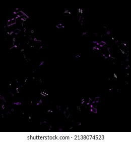 Music notes, treble clef, flat and sharp symbols flying vector illustration. Notation melody record classic icons. Funky music studio background. Ultra violet sound recording notes.