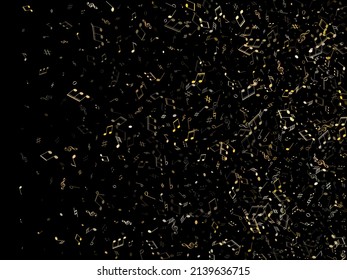 Music notes, treble clef, flat and sharp symbols flying vector design. Notation melody record icons. Rock music studio background. Gold metallic melody sound notation.