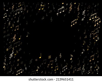 Music notes, treble clef, flat and sharp symbols flying vector design. Notation melody record classic clip art. Popular music studio background. Gold sound recording notes.