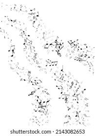 Music notes, treble clef, flat and sharp symbols flying vector illustration. Notation melody record classic signs. DJ instrument tune background. Grey scale sound recording notes.