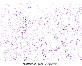 Music notes, treble clef, flat and sharp symbols flying vector background. Notation melody record pictograms. Disco music studio background. Blue violet melody sound notes signs.