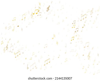 Notas musicales, trébol, símbolos planos y afilados volando ilustración vectorial. Siluetas de registro de melodía de notación. Fondo de ajuste del instrumento de piano. Notas de grabación de sonido metálico de oro.