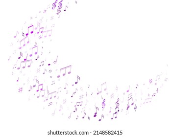 Music notes, treble clef, flat and sharp symbols flying vector illustration. Notation melody record classic icons. Cartoon music studio background. Purple violet musical notation.