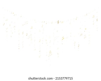 Music notes, treble clef, flat and sharp symbols flying vector illustration. Notation melody record classic icons. Guitar instrument tune background. Gold metallic musical notation.