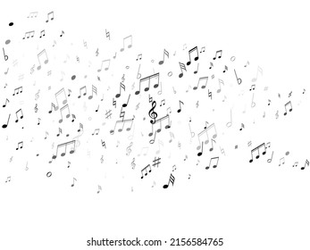 Music notes, treble clef, flat and sharp symbols flying vector design. Notation melody record silhouettes. Creative music studio background. Monochrome musical notation.