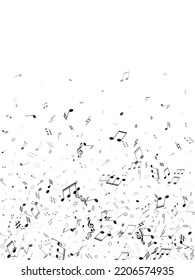 Music notes, treble clef, flat and sharp symbols flying vector illustration. Notation melody record classic icons. Song festival backdrop. Greyscale musical notation.