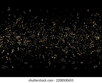 Music notes, treble clef, flat and sharp symbols flying vector background. Notation melody record silhouettes. Futuristic music studio background. Gold musical notation.